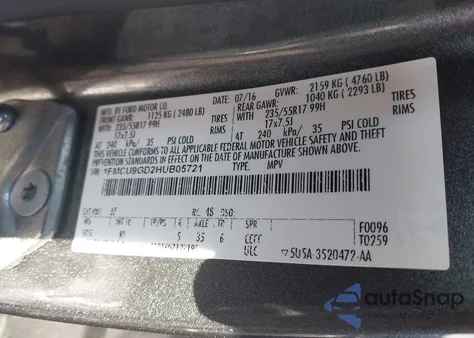 2017 Ford Escape Se z USA, uszkodzony, nr VIN 1FMCU9GD2HUB05721